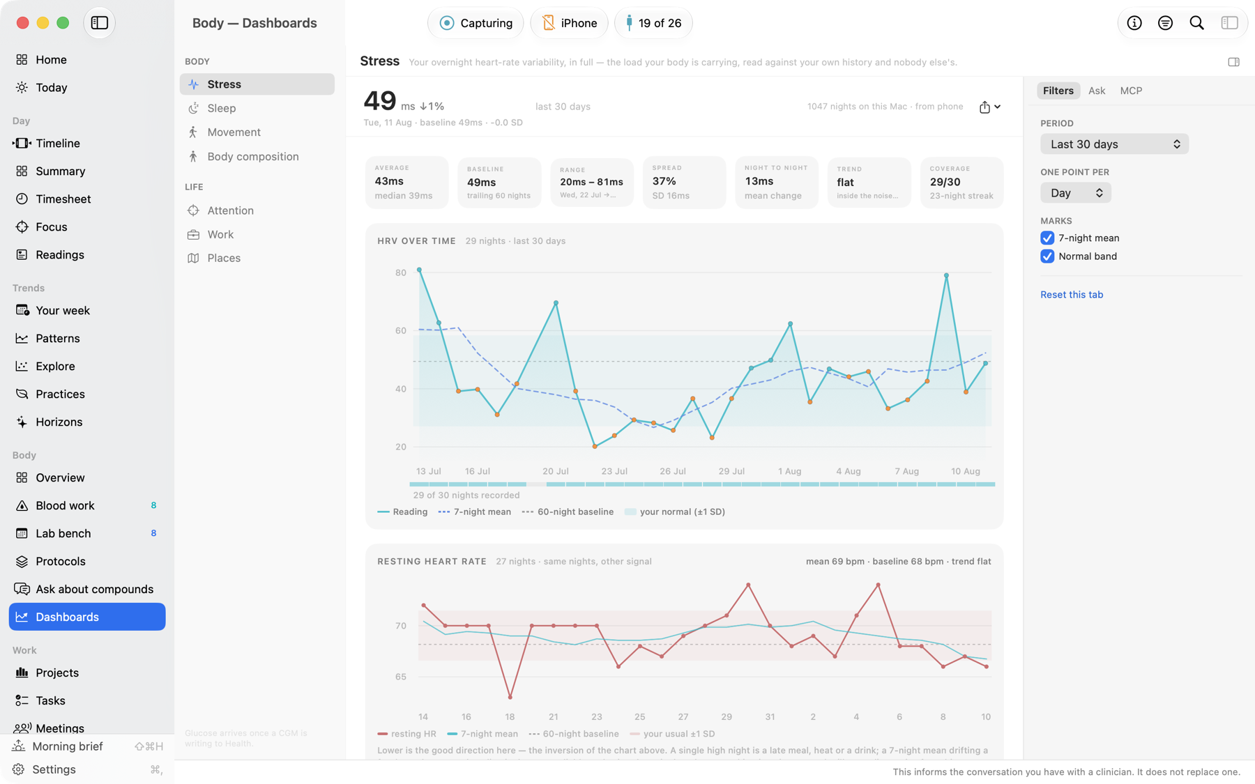 A Hyperopt dashboard: overnight HRV across a thousand nights with a personal normal band, and resting heart rate on the same nights