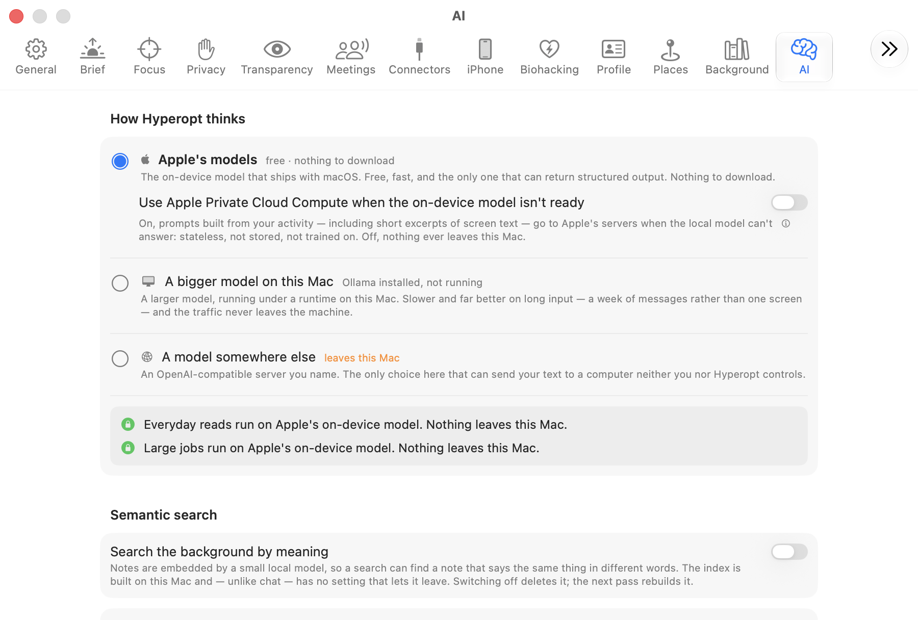 Hyperopt's AI settings: three model choices — Apple's on-device model, a bigger local model, or a named server — with a footer confirming everyday reads run on-device and nothing leaves this Mac